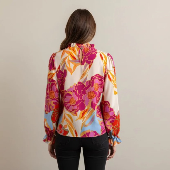 Beautiful Colorful Floral Top with ruffle collar - Picture 2 of 4